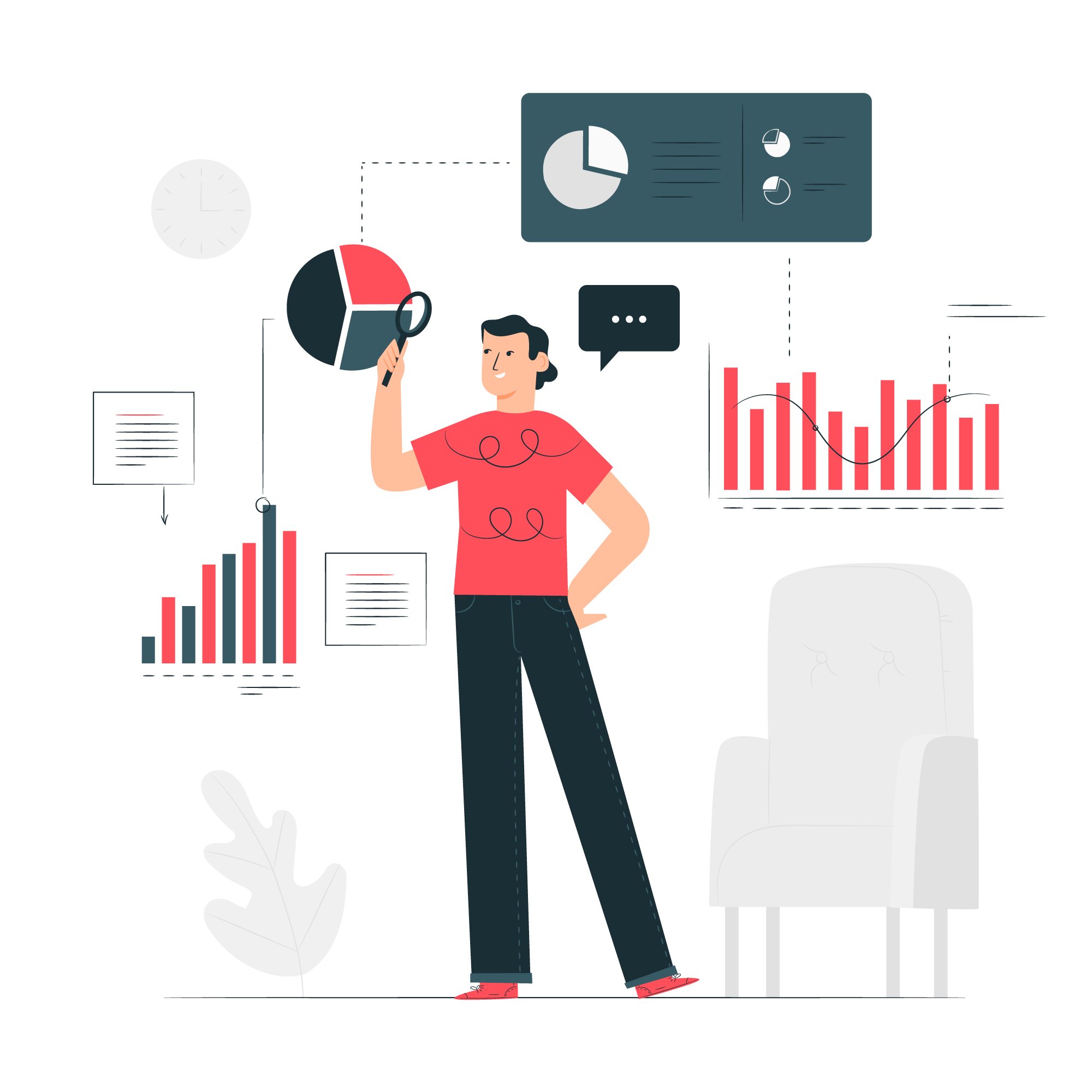 a drawing of a male market researcher analyzing pie charts and graphs